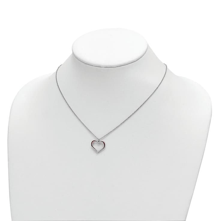 Sterling Silver Rhodium-plated Red Enamel Heart with 1-inch Extension Necklace