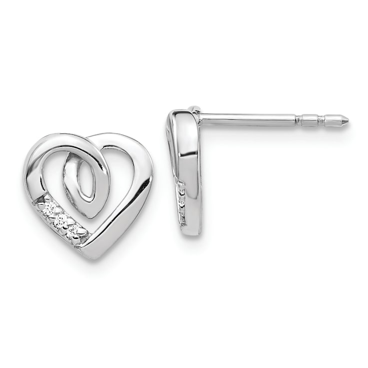 Rhodium Over 14k White Gold 9mm Diamond Heart Stud Earrings