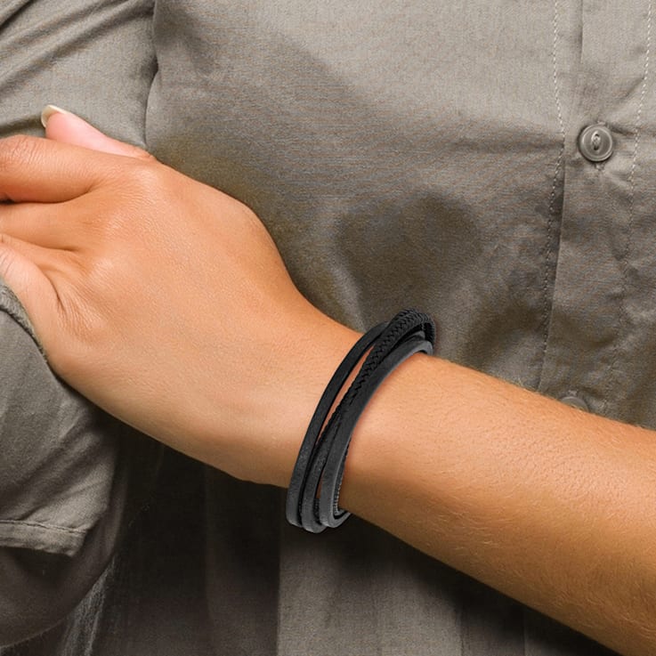 Black Faux Leather and Stainless Steel Polished Multi Strand with
0.5-inch Extension Bracelet