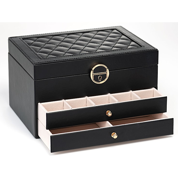 Lockable Black Faux Leather Jewelry Box with 2 Drawers and Lid Storage