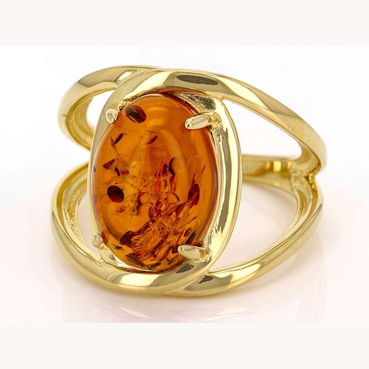 Amber Open Design Solitaire Ring In 18K Gold Over Sterling Silver