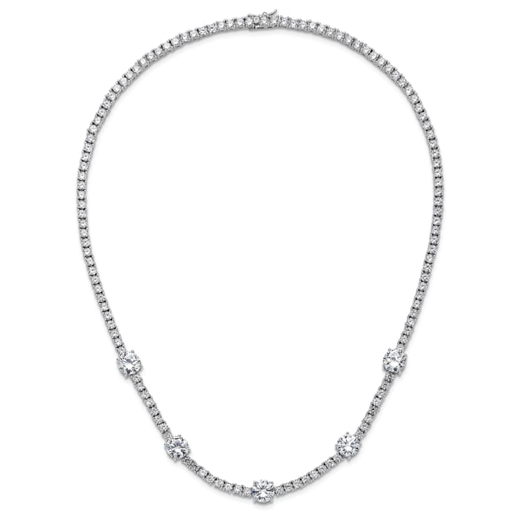 Rhodium Over Sterling Silver Cubic Zirconia Station With Safety Clasp Necklace