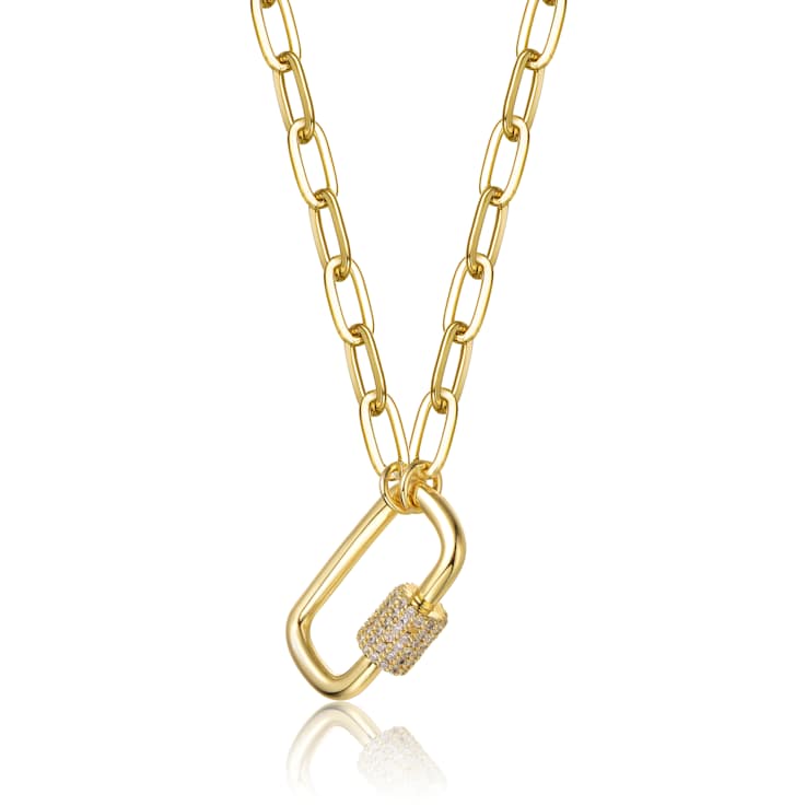 Pave CZ Paperclip Link Charm Necklace In 14K Gold Over Brass 16 Inch