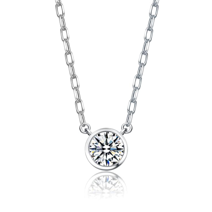 CZ Bezel-Set Pendant Necklace in Rhodium Over Brass