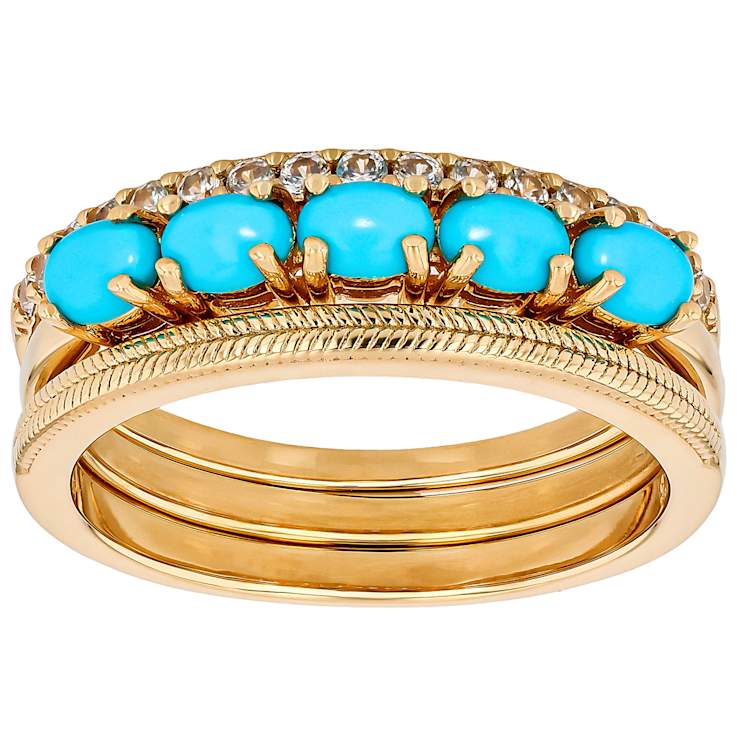 Turquoise And Solid Band Ring Set Of 3 In 18K Gold Over Sterling Silver 0.83ctw