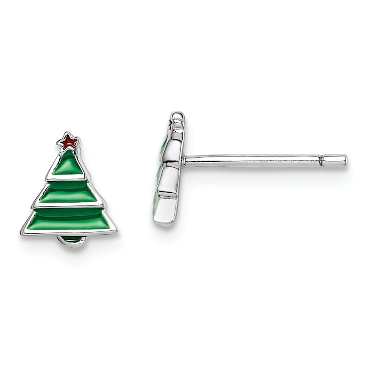 Rhodium Over Sterling Silver Enamel Christmas Tree Post Earrings