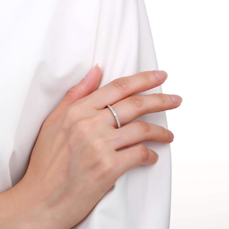 Baguette and Round White Topaz Sterling Silver Milgrain Detail Eternity
Band Ring, 0.84ctw