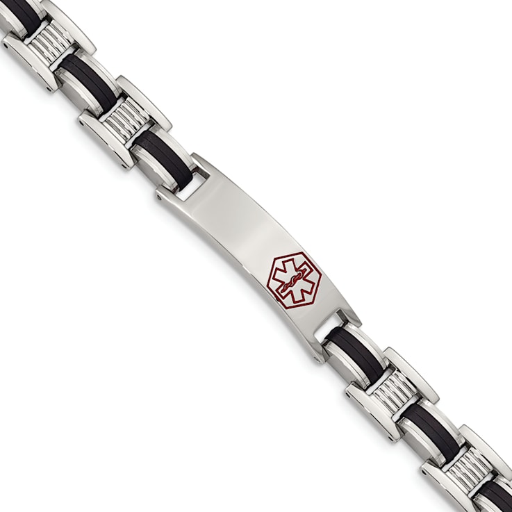 Stainless Steel Black Rubber Red Enamel 8-inch Medical Bracelet