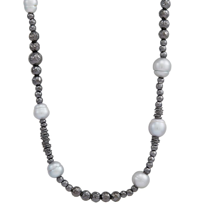 8-10mm Round Gray Freshwater Pearl and Black Rhodium Over Sterling
Silver Bead Necklace