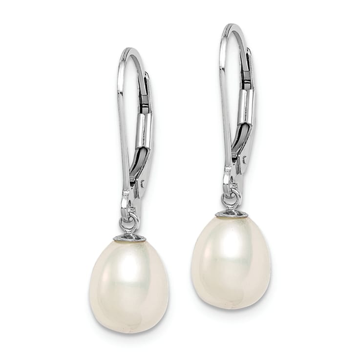 Rhodium Over Sterling Silver 7-8mm White Freshwater Cultured Pearl
Leverback Earrings