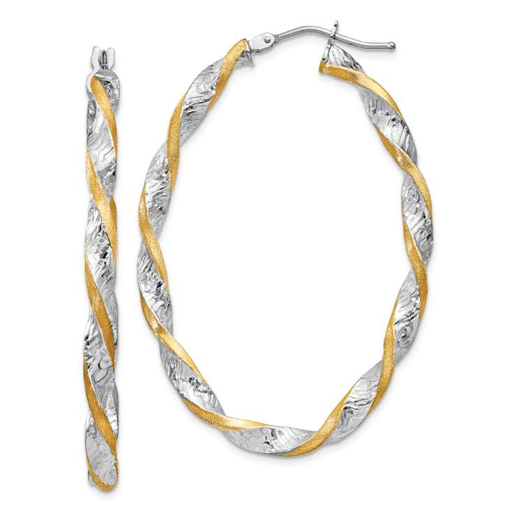14k Two-tone 1 9/16" Twisted Diamond-Cut Oval Hoop Earrings