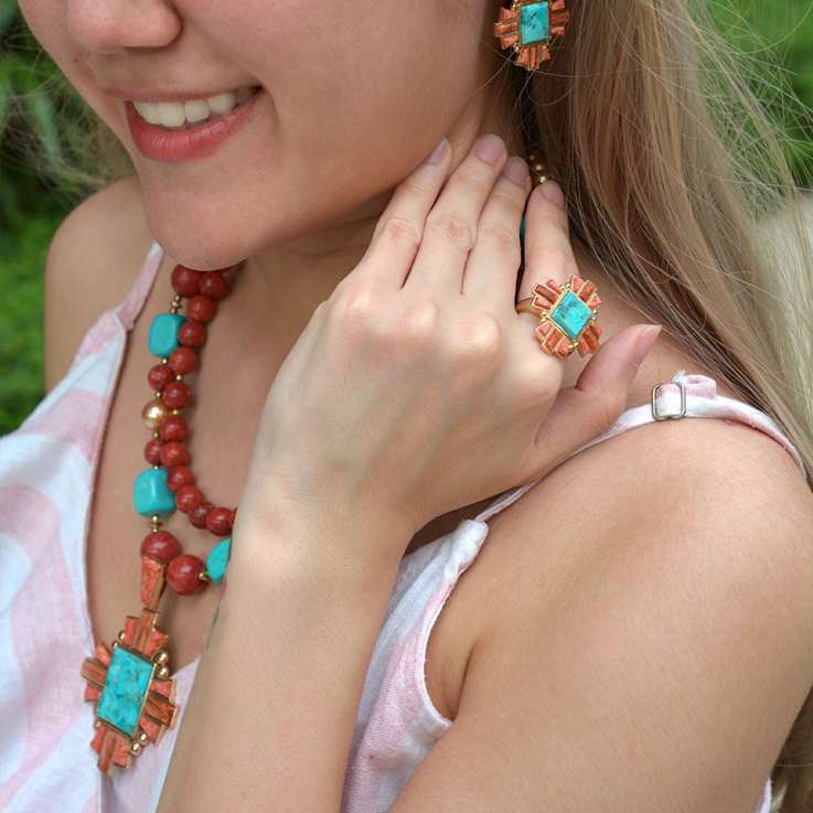 Barse Jewelry Composite Turquoise With Opal & Coral Gold Tone Santa
Fe Cross Ring