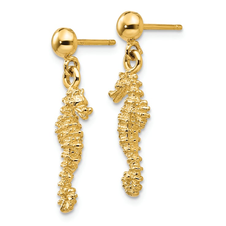 14k Yellow Gold Textured Seahorse Dangle Earrings