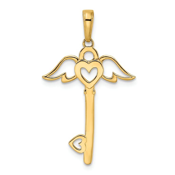 14K Two-tone Gold Diamond-Cut Heart/ Angel Wings Key Pendant