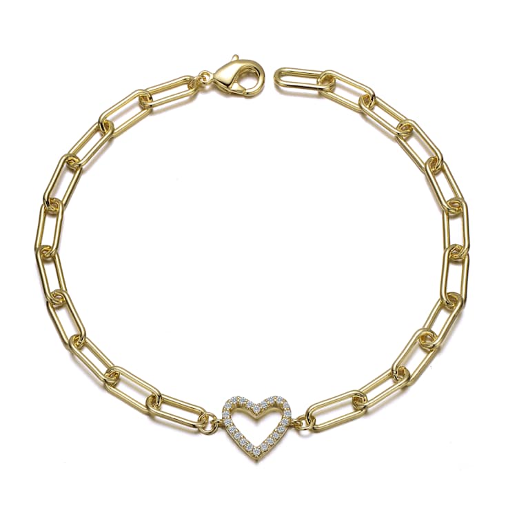 CZ Halo Open Heart Paperclip Link Bracelet In 14K Gold Over Brass