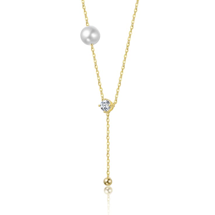 Pear Shape CZ And Mother Of Pearl Y-Necklace In 14K Gold Over Brass