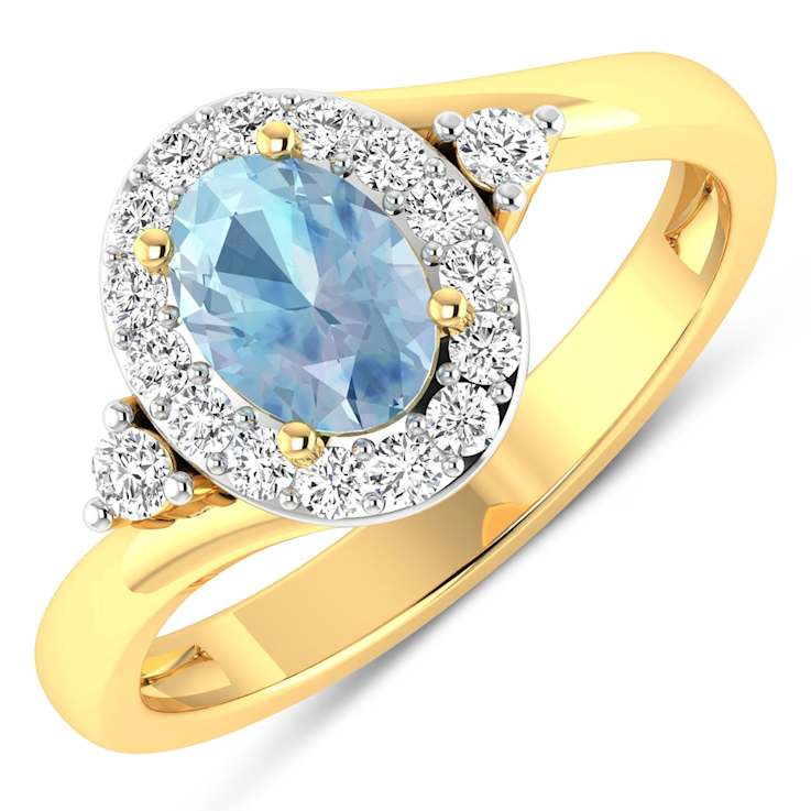 Oval Blue Aquamarine and Diamond 14K Yellow Gold Halo Ring 0.78 ctw