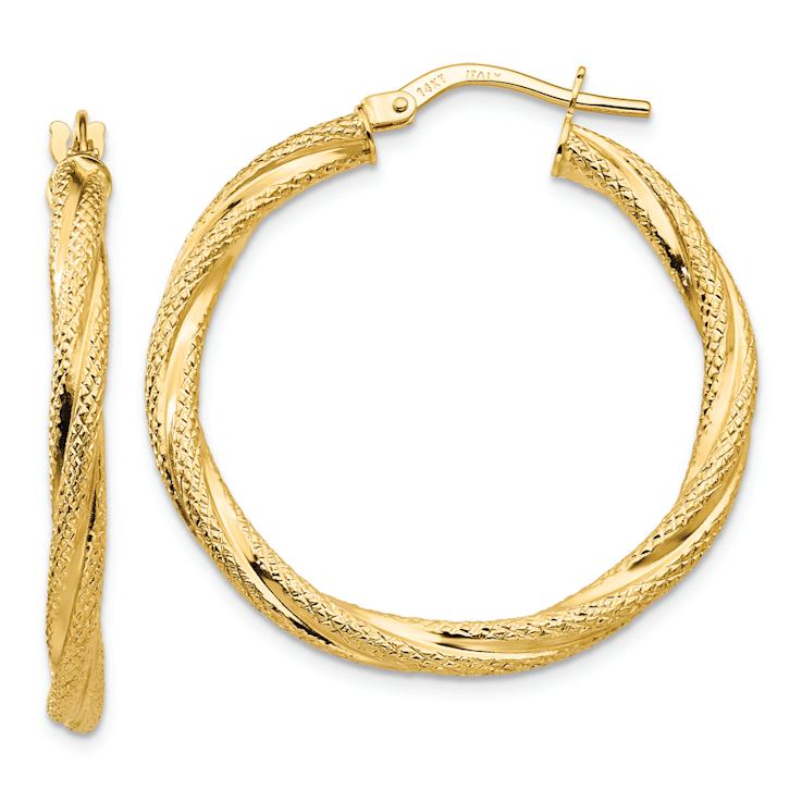 14k Yellow Gold 1 1/4" Textured Twisted Hoop Earrings
