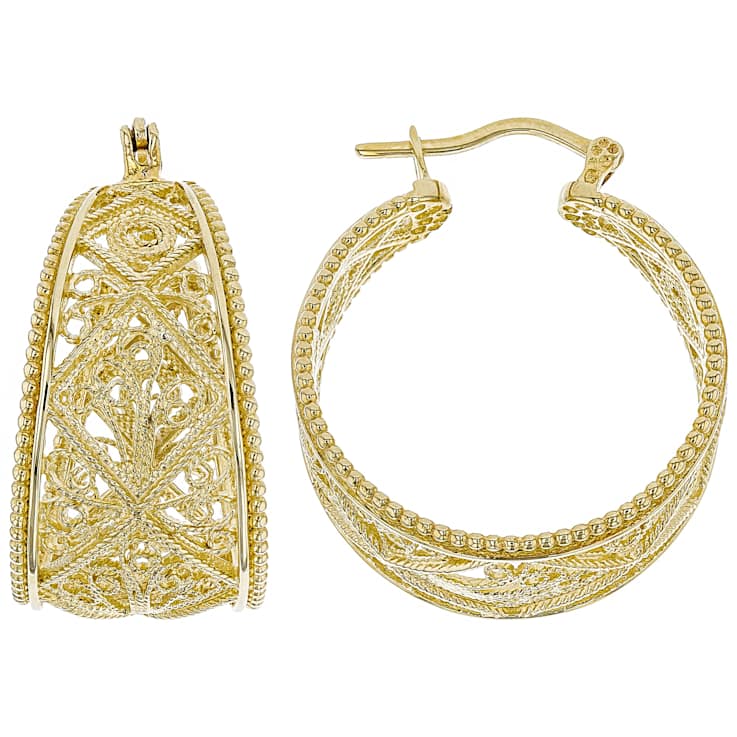 Open Filigree Hoop Earrings In 18K Gold Over Sterling Silver 32mm