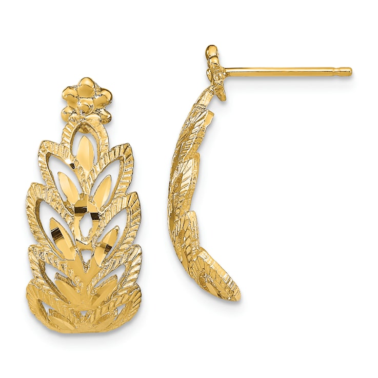 14K Yellow Gold Textured and Diamond-Cut Leaf Pattern Dangle Earrings