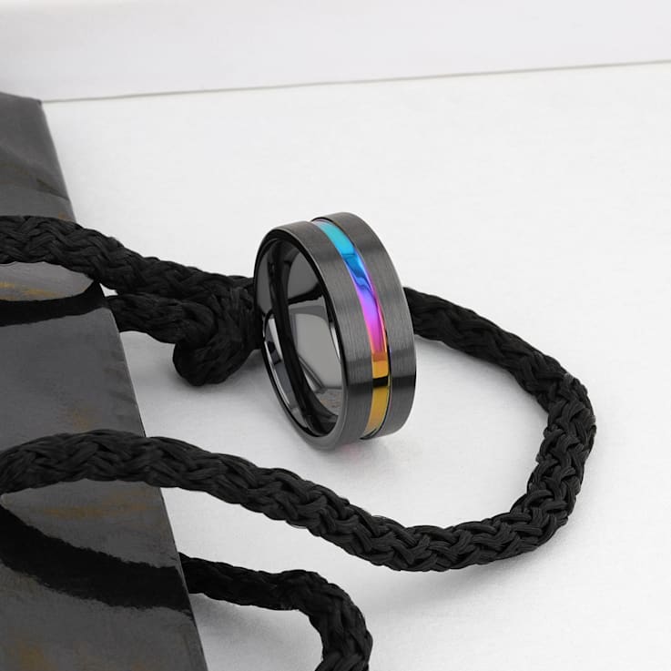 AZURE Flat Black Ceramic Ring Brushed with Rainbow Groove 8mm