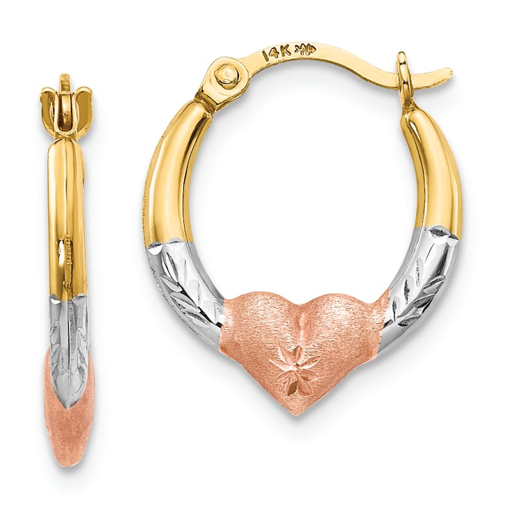 14K Yellow Gold with Rose and White Rhodium Heart Hoop Earrings