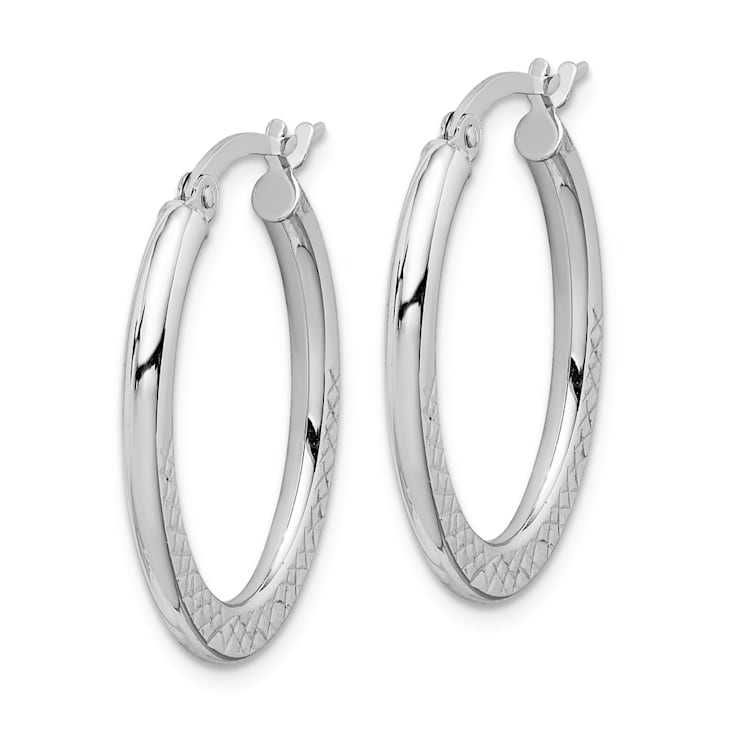 Rhodium Over 14k White Gold Diamond-Cut 1" Oval Hoop Earrings