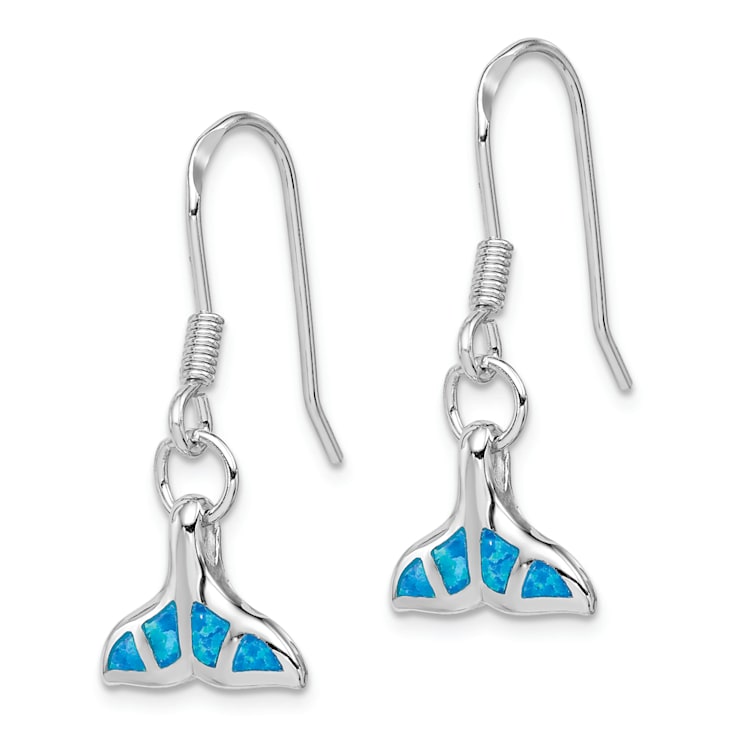 Rhodium Over Sterling Silver Lab Created Opal Dolphin Tail Dangle Earrings