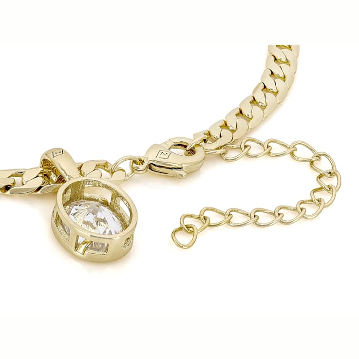 Bezel Set CZ Pendant With Curb Chain In 18k Yellow Gold Over Brass
