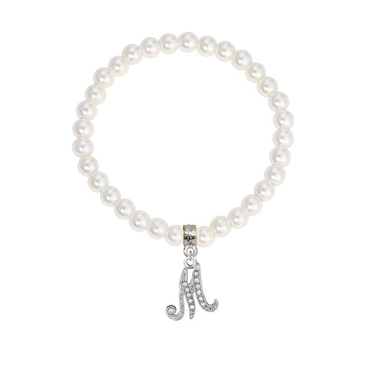 White Faux Pearl Bead Initial Charm Stretch Bracelet
