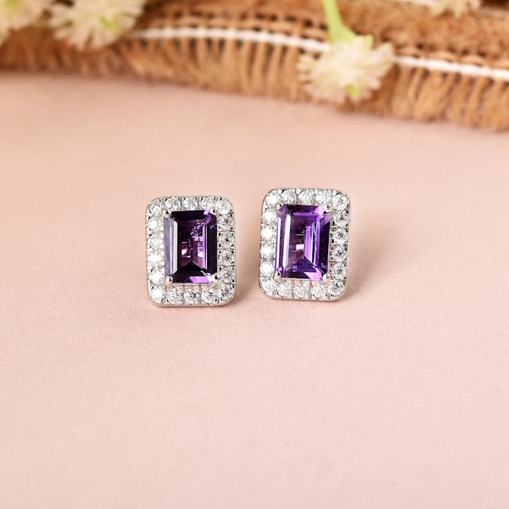 Purple Amethyst with Moissanite Accents Rhodium Over Sterling Silver
Halo Stud Earrings