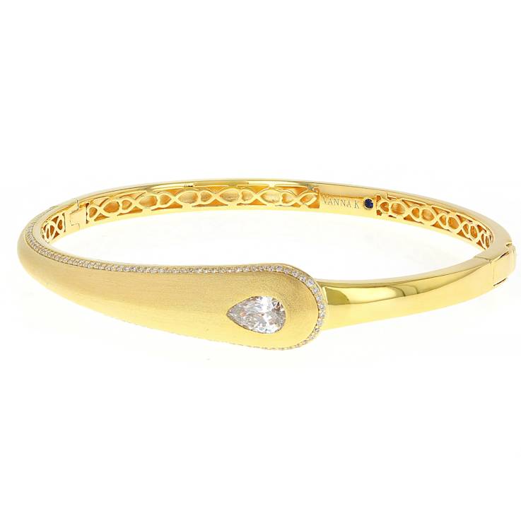 Polished CZ Round And Pear Bangle Bracelet In 18K Gold Over Sterling Silver