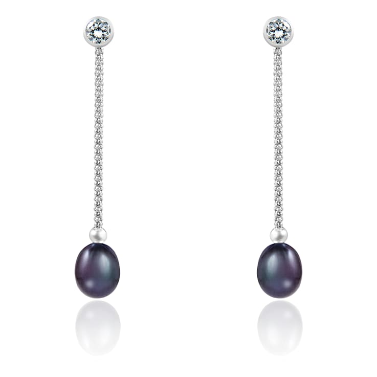 7.5-8mm Black Cultured Freshwater Pearl Rhodium Over Sterling Silver Earrings