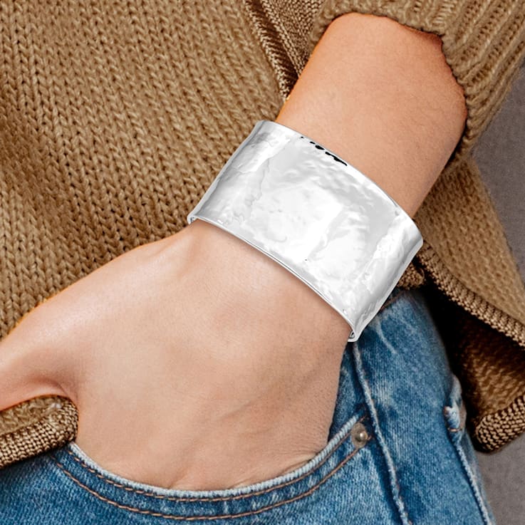 Rhodium over 14k White Gold 37mm Hammered Polished Cuff Bangle
