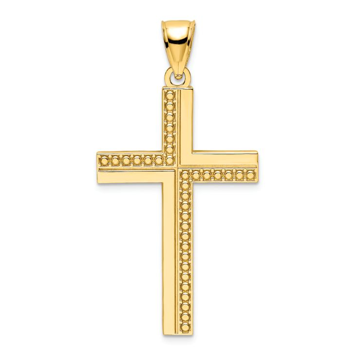 14k Yellow Gold Polished Beaded Textured Cross Pendant