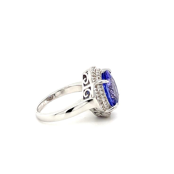 Tanzanite 12x10mm Oval and White Zircon Rhodium Over Sterling Silver Ring