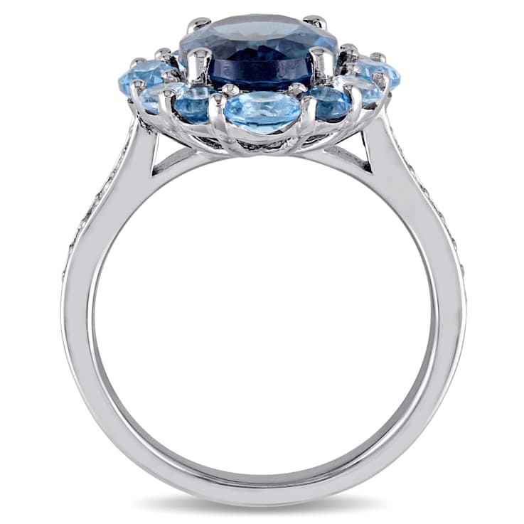 5.38ctwctw London, Swiss and Sky Blue Topaz Halo Ring in Sterling Silver