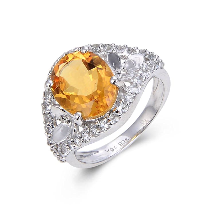 Oval Citrine with White Topaz Accents Sterling Silver Ring, 3.68ctw