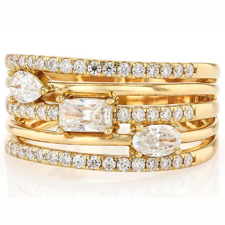 Multi-Shape Moissanite Multi-Row Ring In 14K Gold Over Sterling Silver