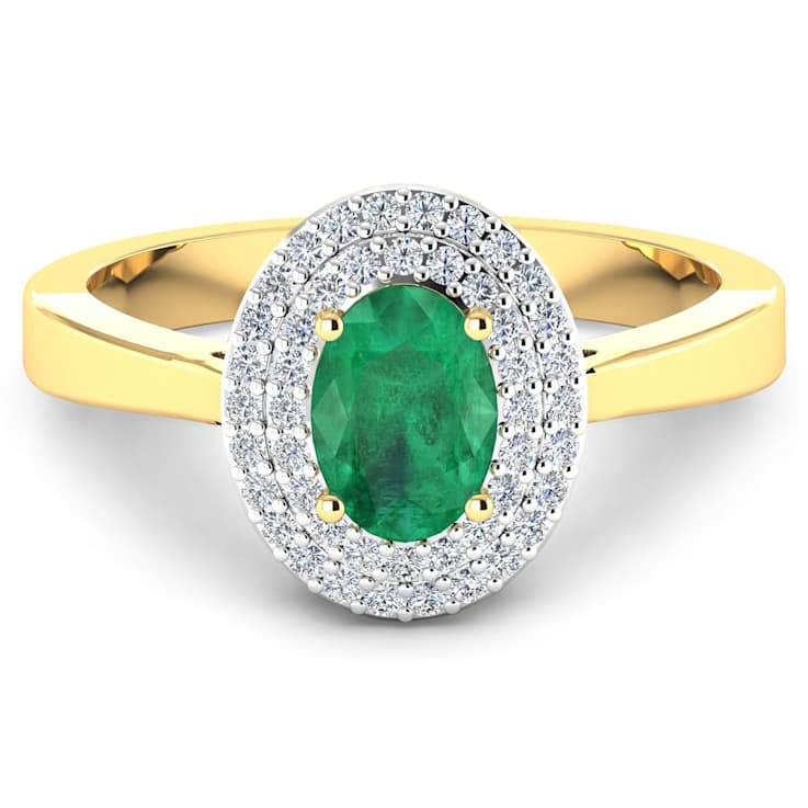 0.86ctw Green Emerald and Diamond 14K Yellow Gold Halo Ring