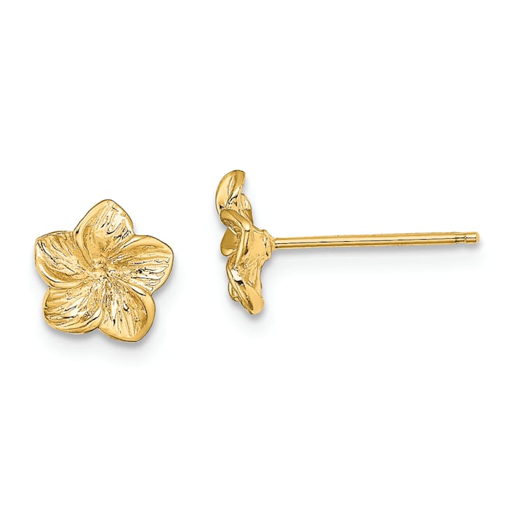14k Yellow Gold Textured 7.2mm Plumeria Flower Stud Earrings