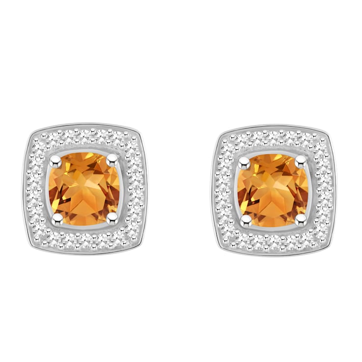 5mm Cushion Citrine 1/5 ctw Diamond Rhodium Over Sterling Silver Halo
Stud Earrings