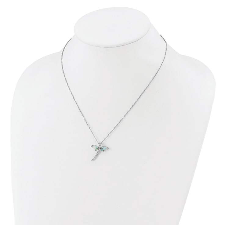 Rhodium Over Sterling Silver Lab Created Opal and Cubic Zirconia Dragonfly