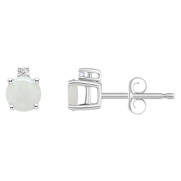 4mm Round Opal with Diamond Accents 14k White Gold Stud Earrings