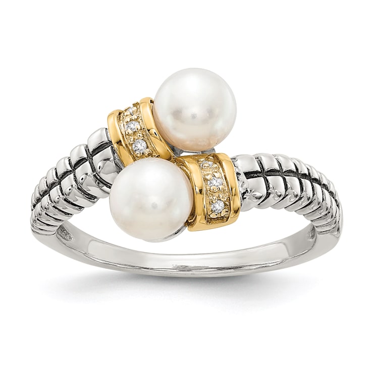 Sterling Silver Antiqued with 14K Accent Freshwater Cultured Pearl and
Diamond By-Pass Ring