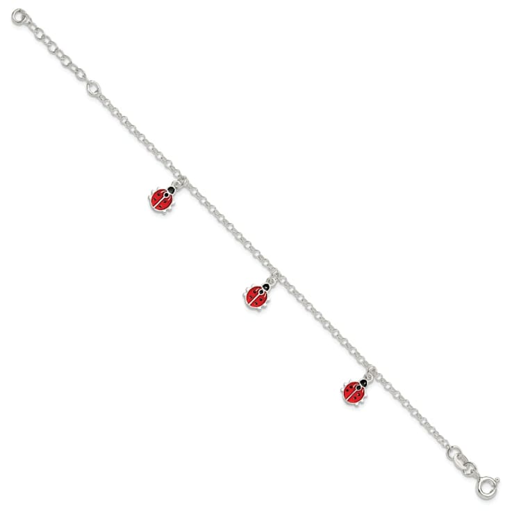Sterling Silver Enamel Ladybugs with 1-inch Extension Children's Bracelet
