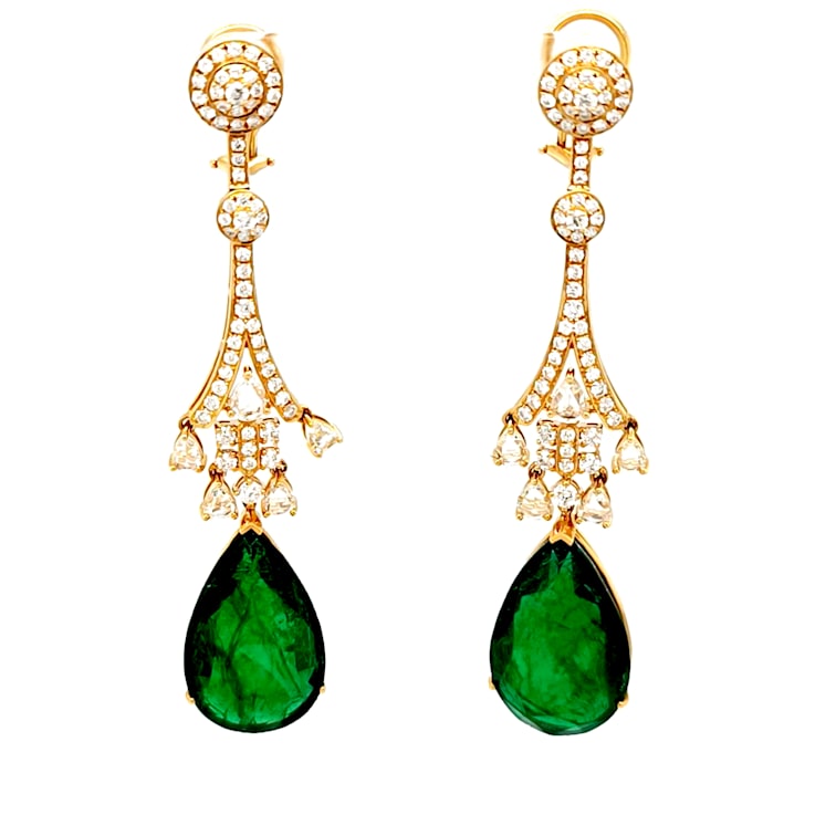 39.00 Ctw Emerald and 1.75 Ctw White Diamond Earring in 18K YG