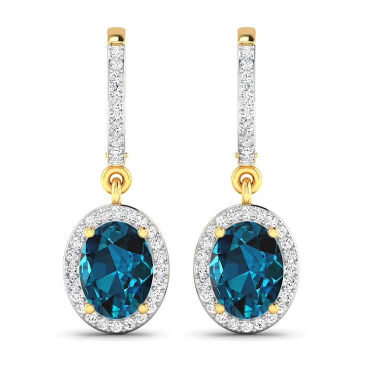 2.20ctw 14K Yellow Gold London Blue Topaz  and White Diamond Halo Earrings