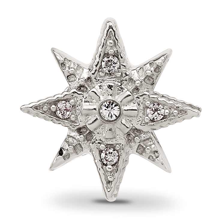 Sterling Silver Textured and Polished Cubic Zirconia Star Bead