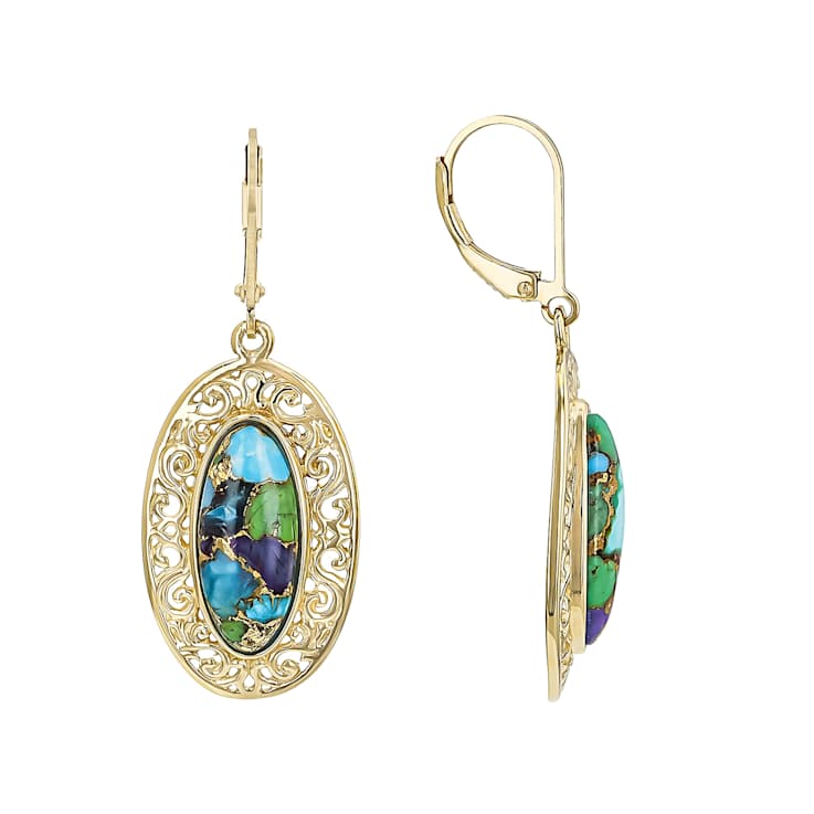 Multi-Color Blended Turquoise Oval Dangle Earrings In 18K Gold Over
Sterling Silver 17x7mm